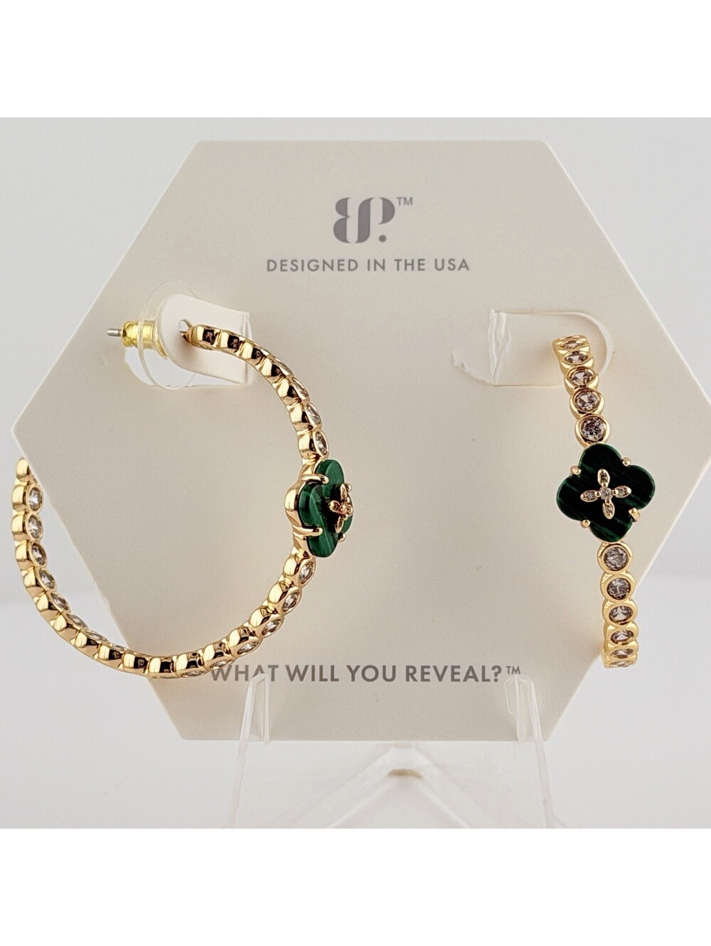 Bomb Party Hoops "The Gwenn Earrings" Malachite Magnesite on Yellow Gold Clover